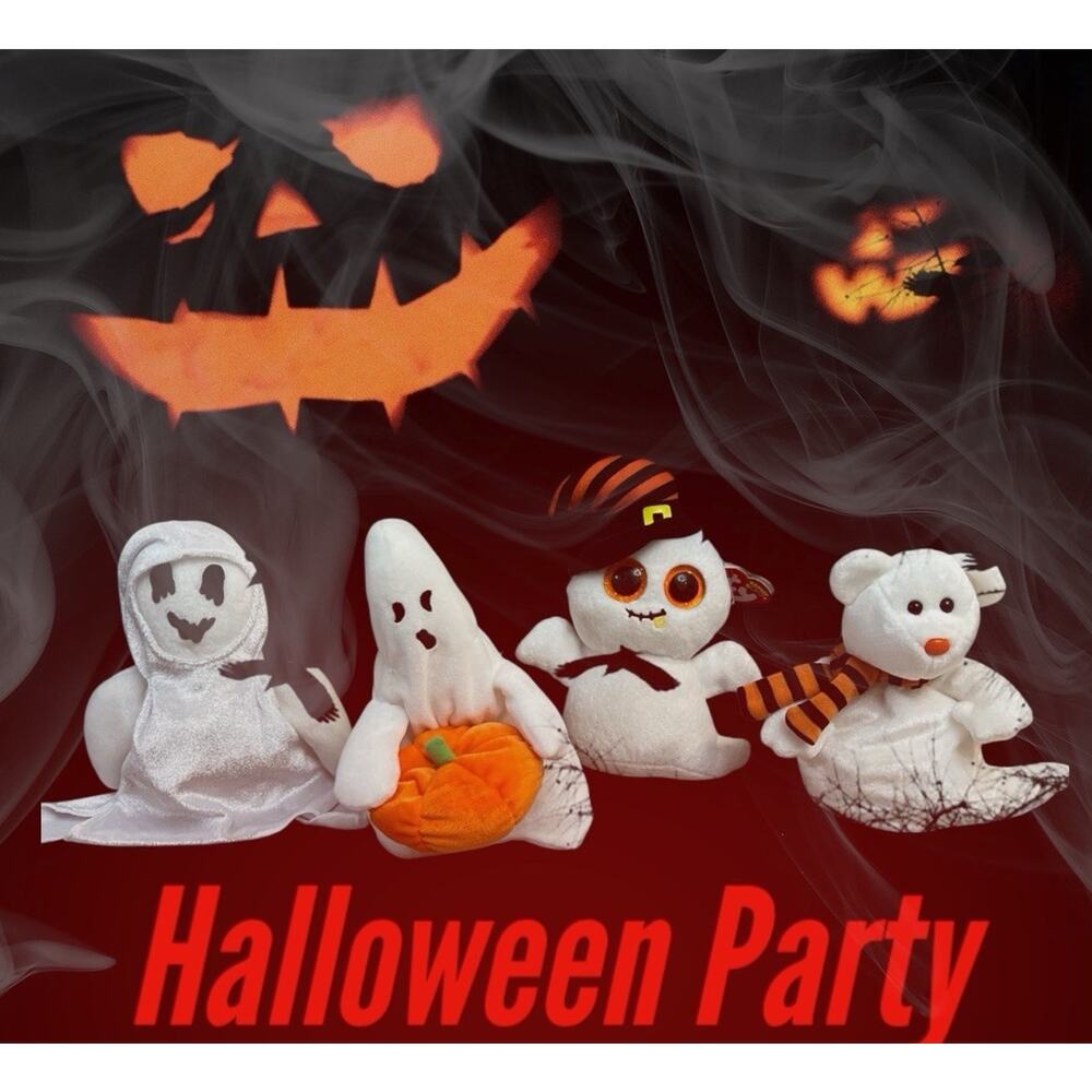 Lot of 4 Beanie Baby Babies Halloween Ghosts Quivers Nightcap Ghoul Sheets